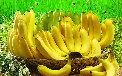 Кошница от ракита с ярки жълти банани и лайка