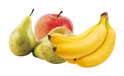 Зелените круши, червената ябълка и жълтите банани