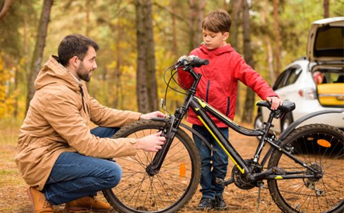 Момчето и таткото гледат велосипеда