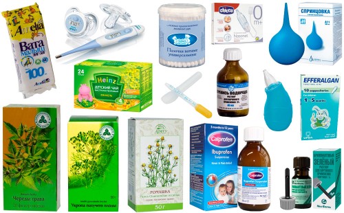 Термометър за бебета, памук, комплект от билки, зелен, спринцовка, памучни пъпки, бели свещи efferhalgan, пипета, сироп ибупрофен за деца